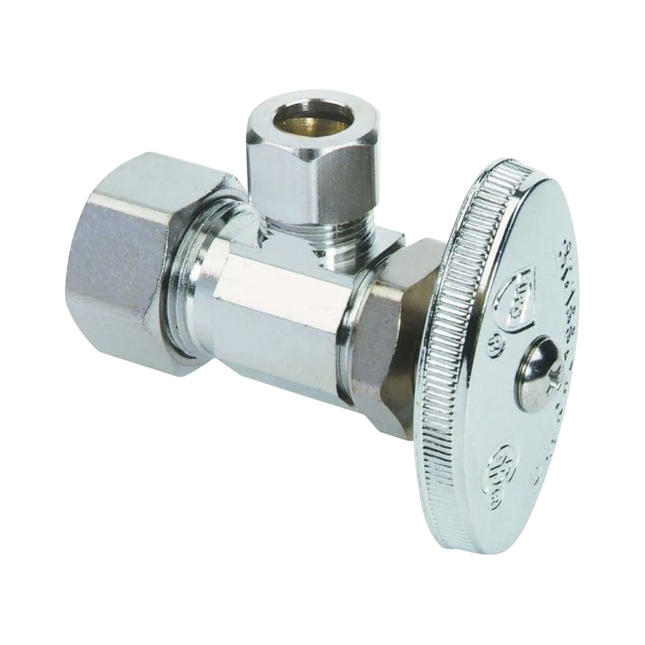 The Go Build 1/2 in. Nom Compression Inlet x 3/8 in. O.D. Compression Outlet Multi-Turn Angle Valve controls water flow with compression fittings and a round ridged handle—ideal for plumbing applications.